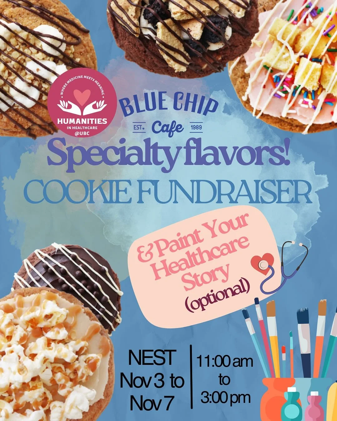 Come find us at the NEST to try some special edition blue chip cookies or paint your healthcare story! 🍿🍪🎨