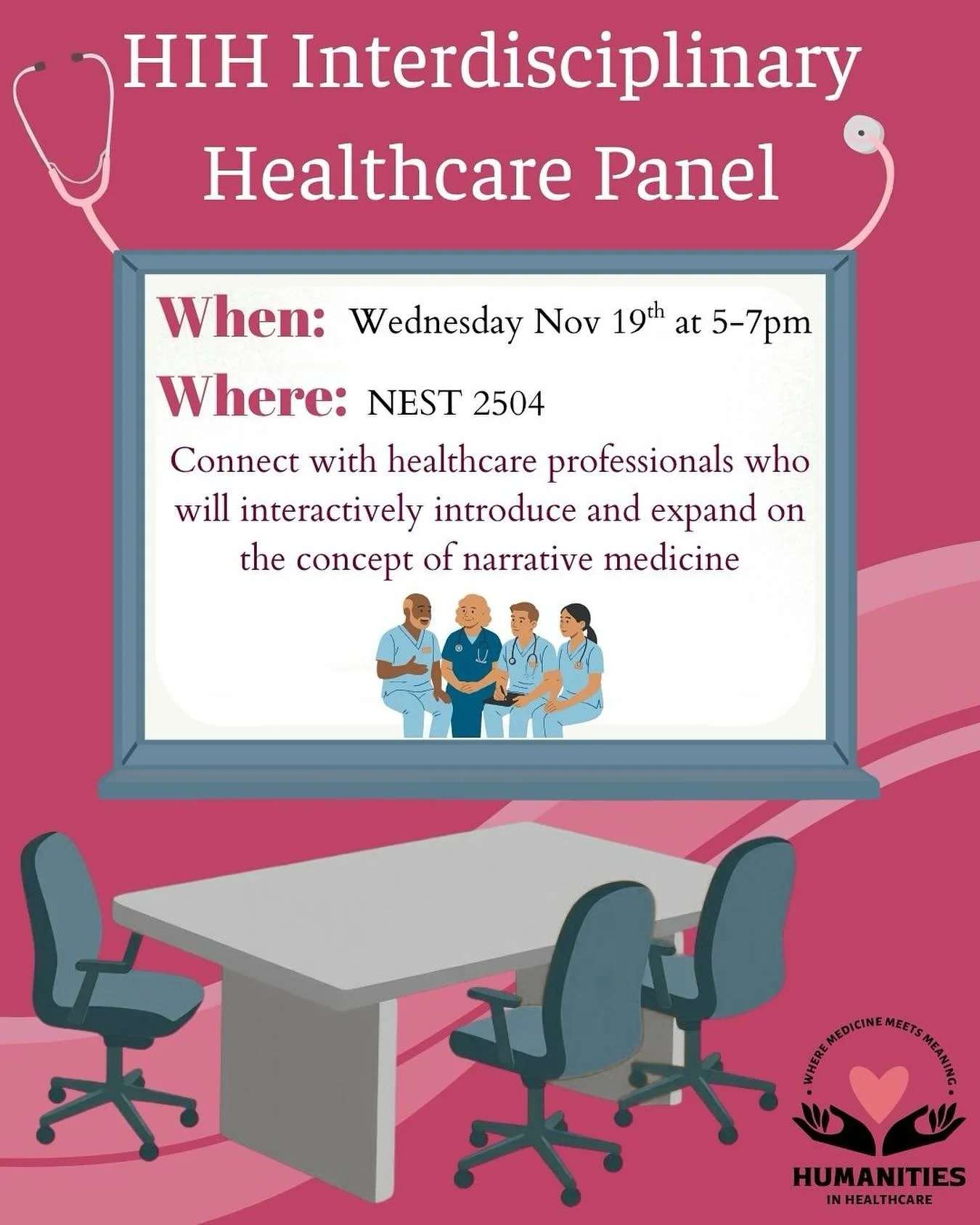 Don&rsquo;t miss our 2025 HIH
Interdisciplinary Healthcare Panel!🩺🫀

🗓️When: November 19, 5-7pm
📍Where: Nest 2504

This panel will feature healthcare professionals who will discuss the concept of narrative medicine in an interactive format with m