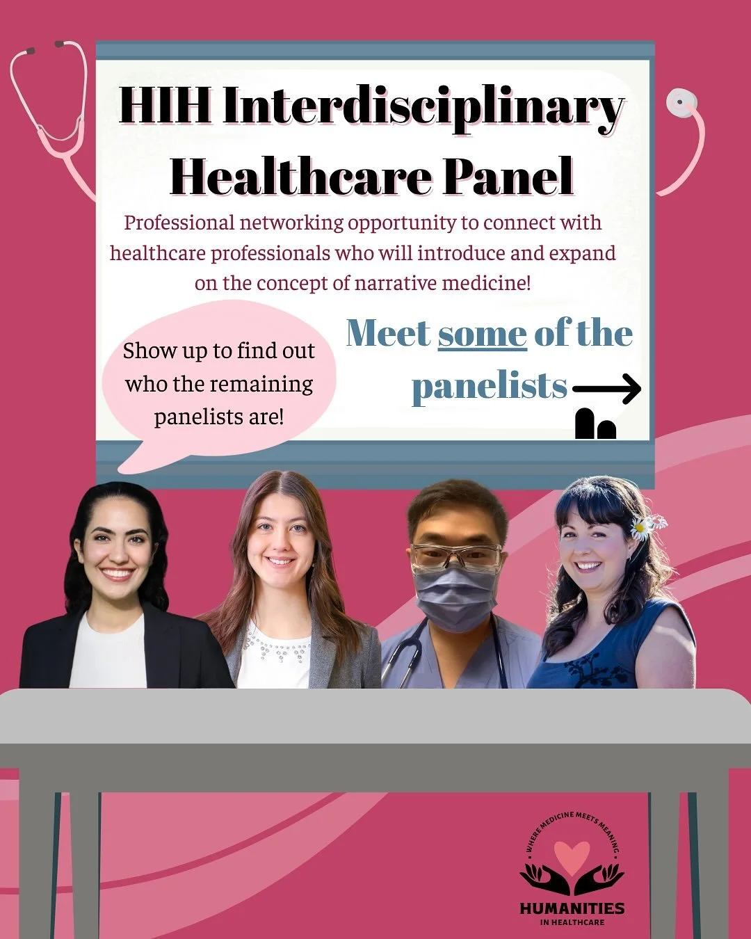 Meet some of the amazing guest panelists for the HIH Interdisciplinary Healthcare Panel (TOMORROW)! Show up to find out who the remaining panelist is 👀