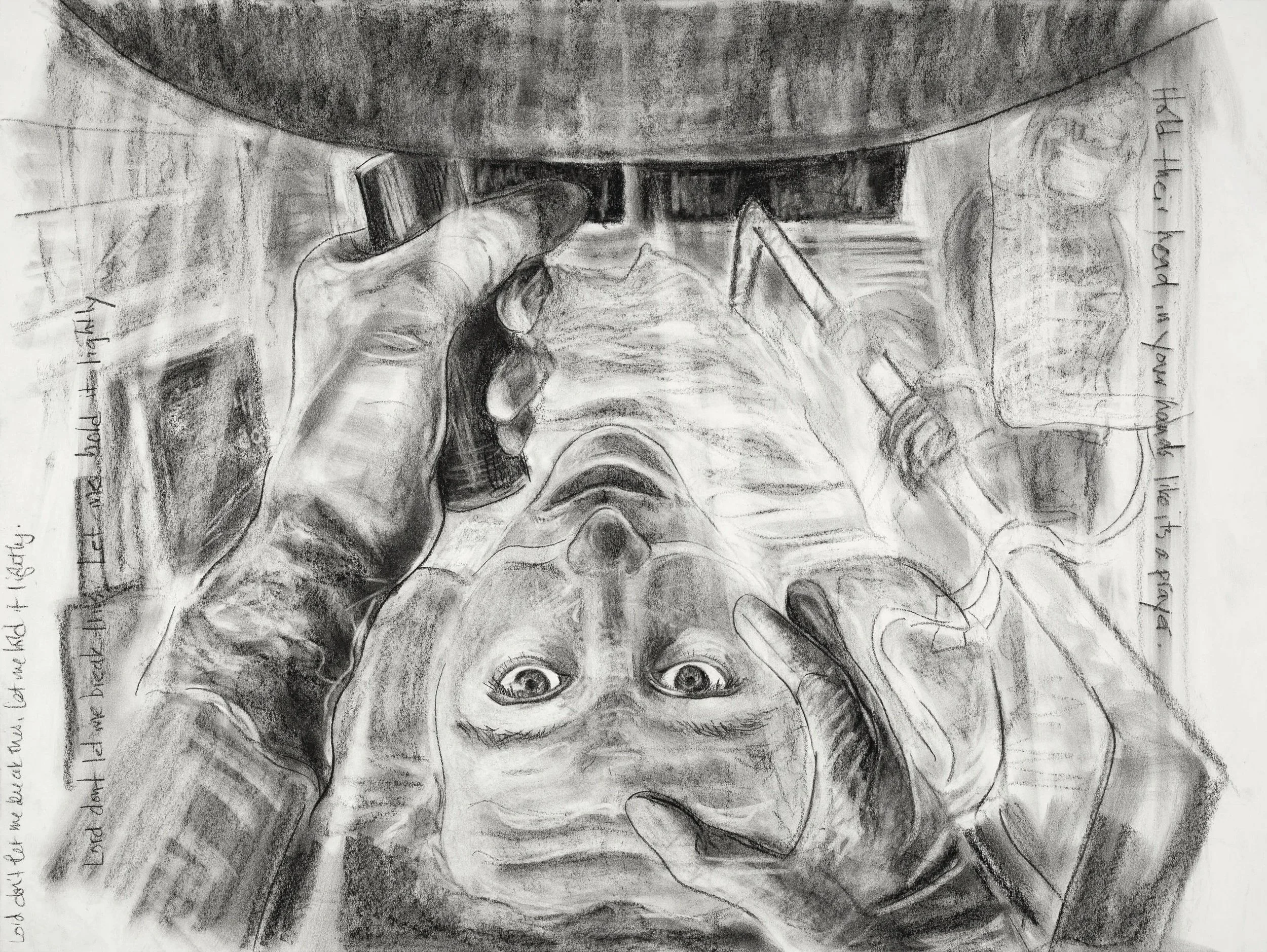 Acute Bed 17: Hold their head in your hands. Charcoal on paper. 60 x 45cm. 