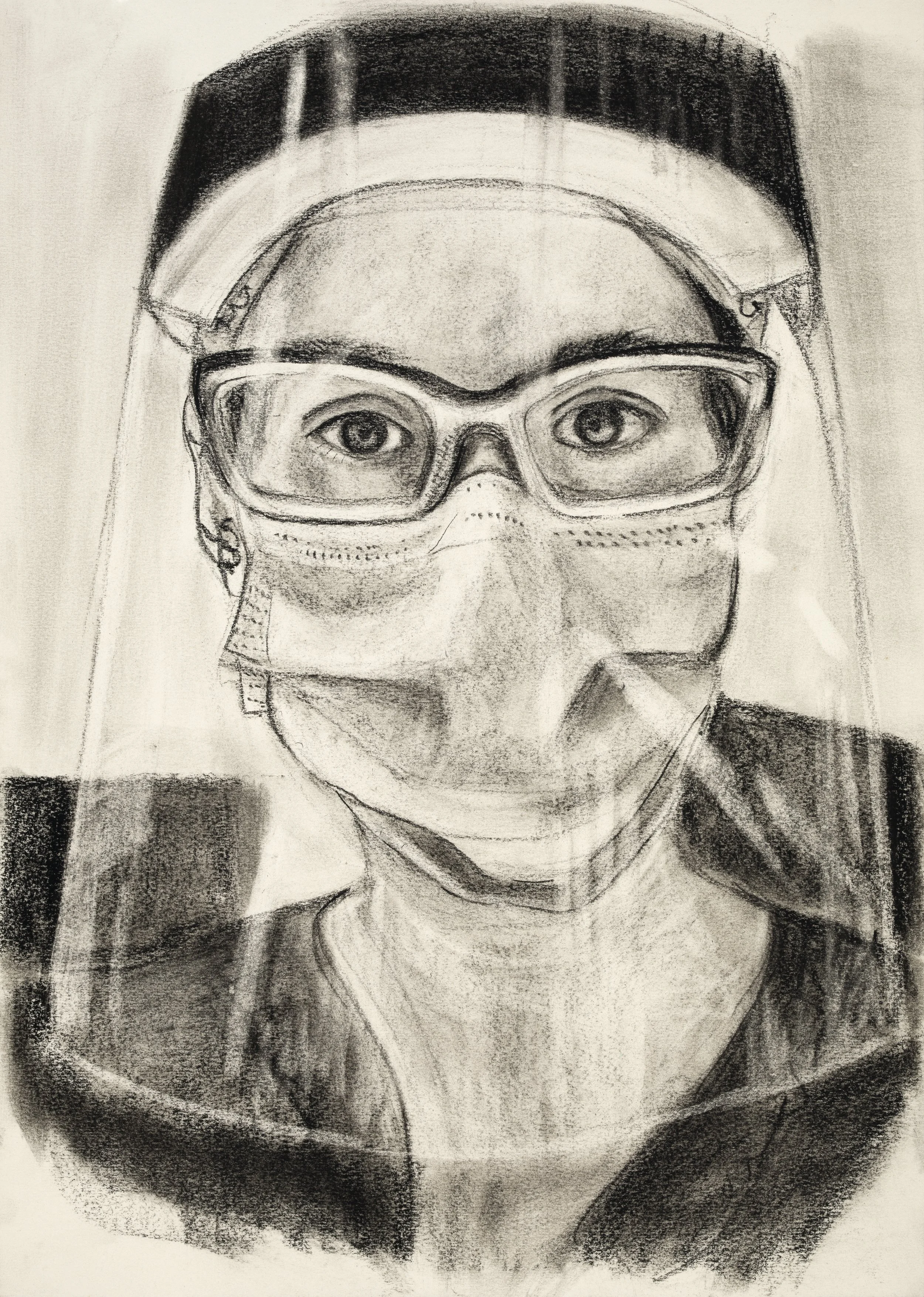 A pencil sketch of a person wearing safety goggles, a face mask, and a cap, possibly a healthcare or laboratory worker.