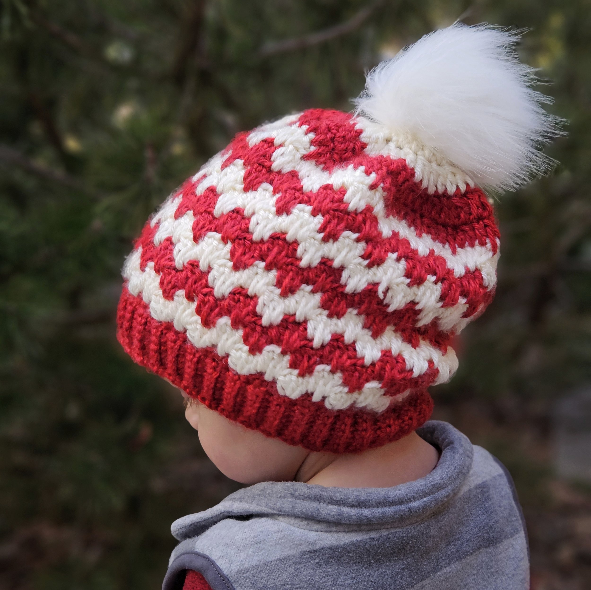Hand crocheted, spike stitch beanie stripped red and white for Christmas