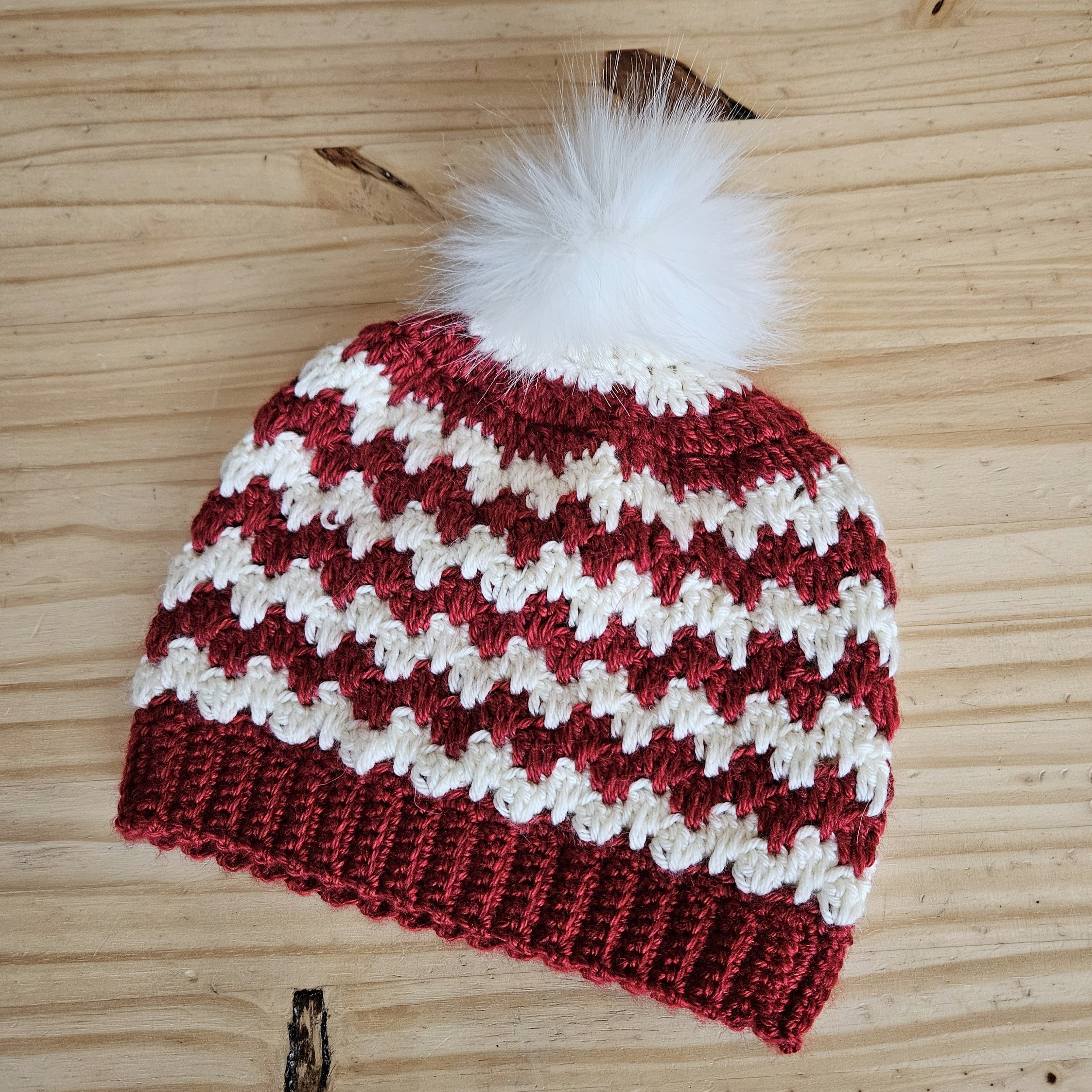 Hand crocheted beanie hat stripped red and white for Christmas