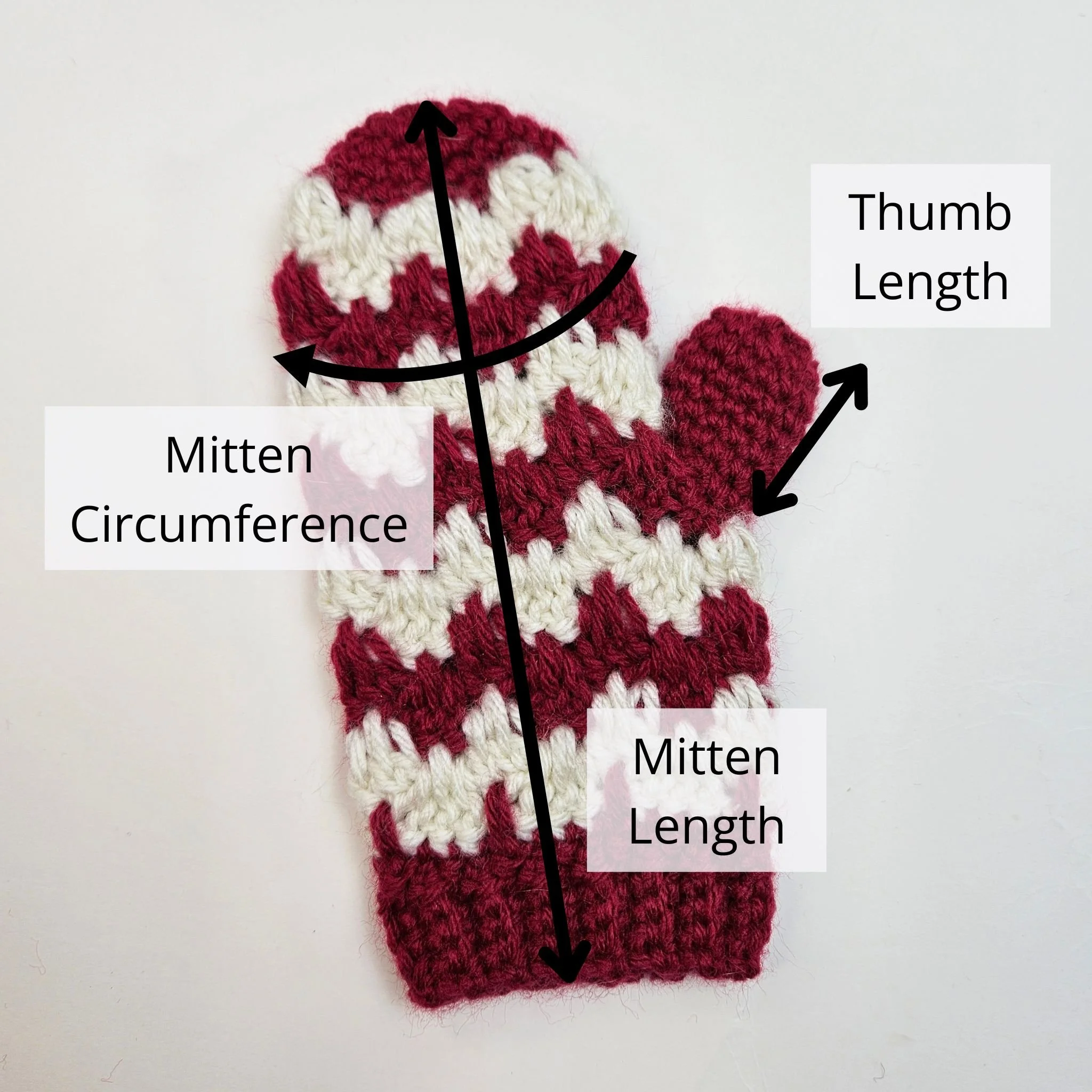 crocheted candy cane mittens sizing chart. Hand crocheted holiday mittens.