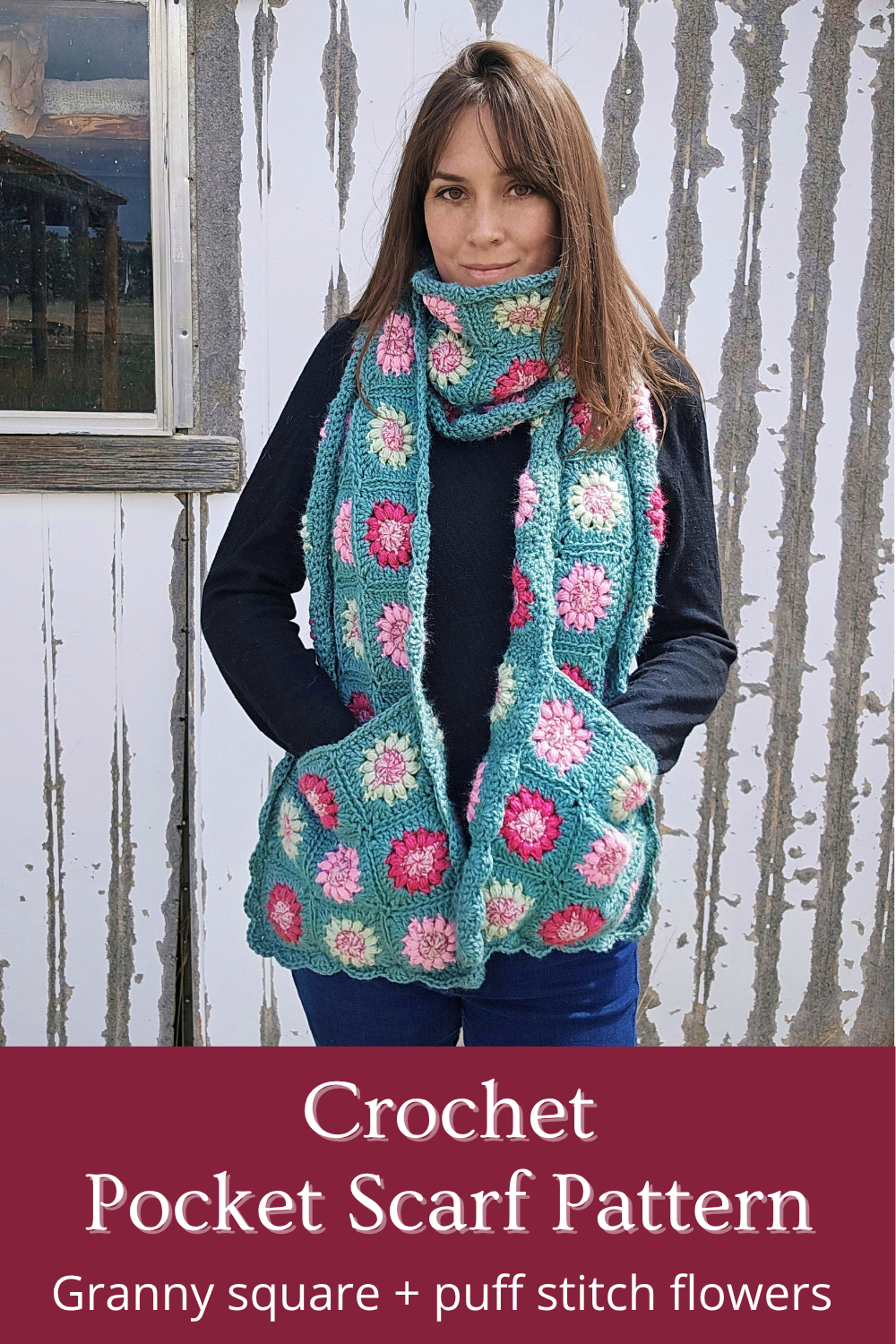 crochet granny square scarf with pockets for beginners
