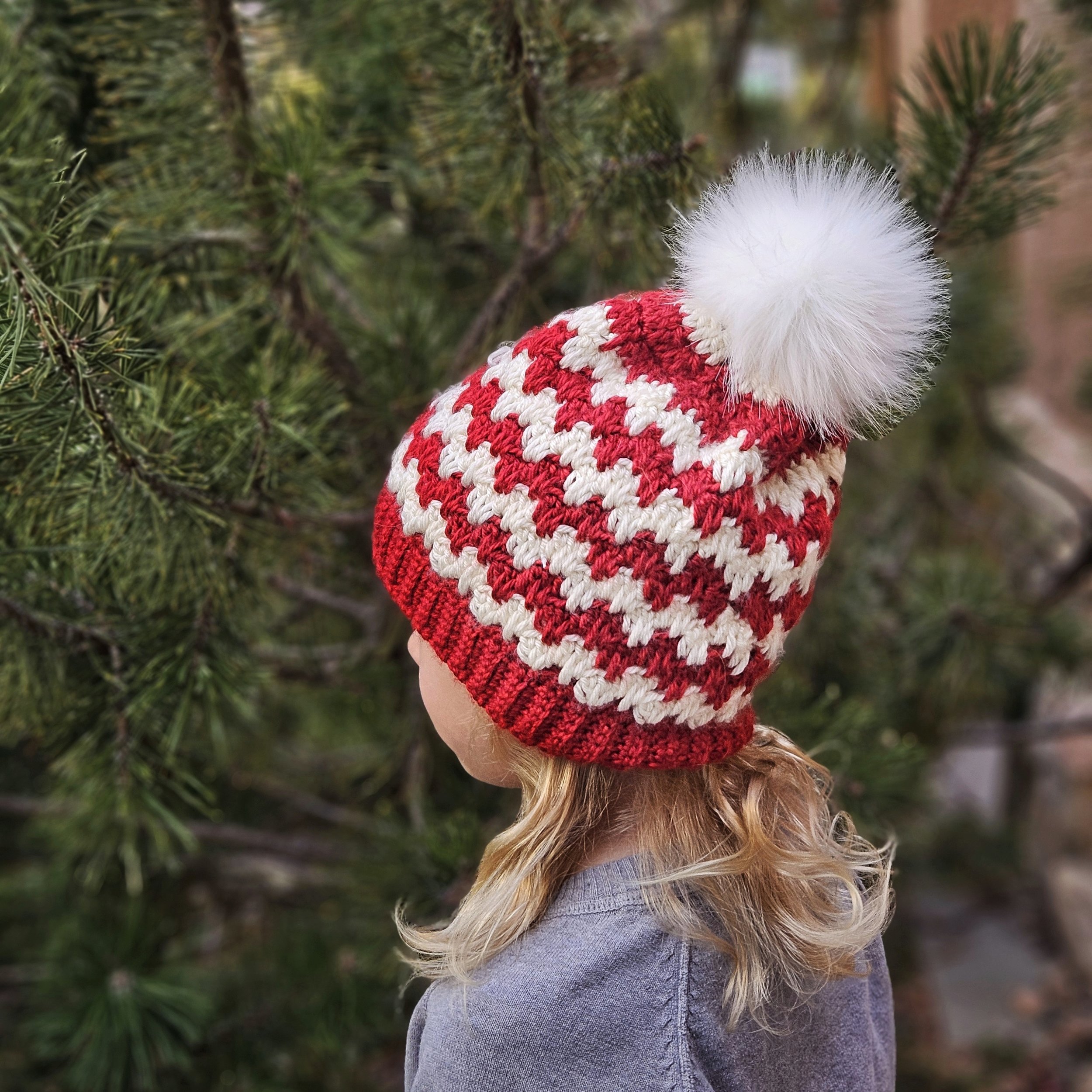 Crocheted Christmas beanie made using a granny spike stitch