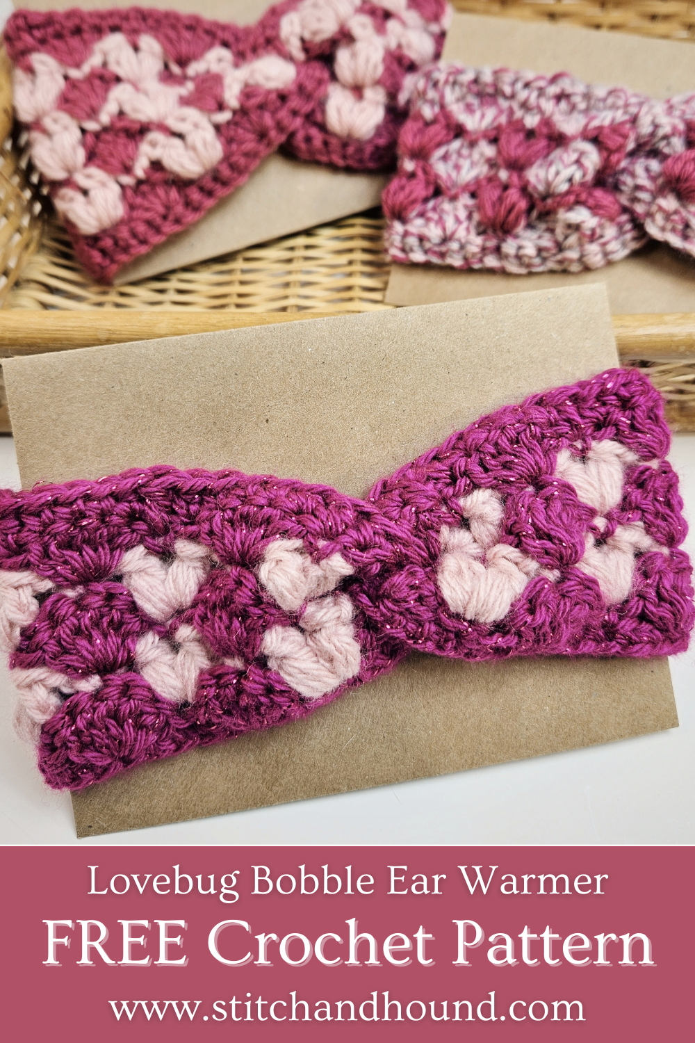pinterest pin for the crochet lovebug bobble earwarmer made using cute puff stitches in the shape of hearts