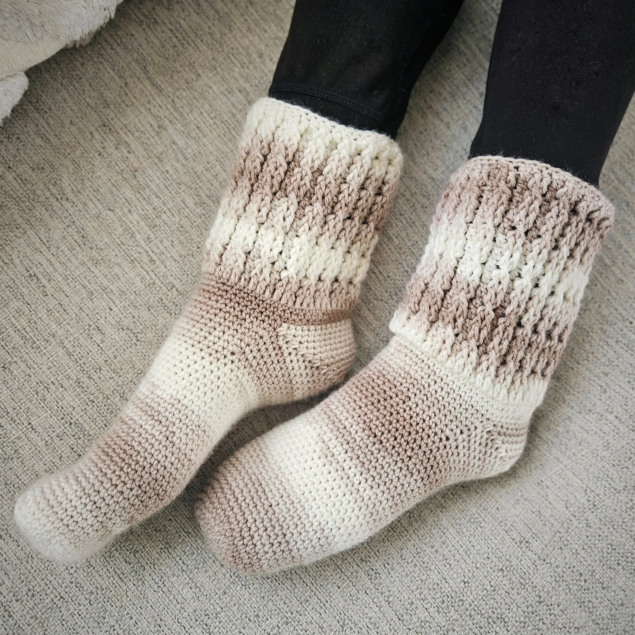 cozy, crocheted slipper socks with faux cable detailing
