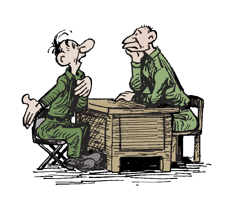 Cartoon WWII soldiers talking honestly across a field desk, representing real accountability between brothers
