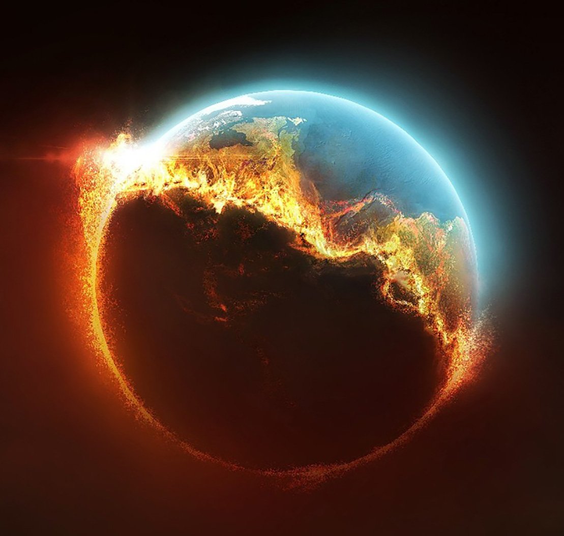 Earth split between fire and light, symbolizing persecution and perversion as two faces of the same spiritual war.