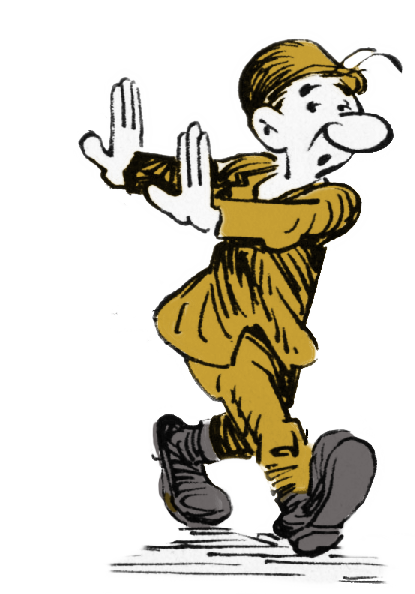 Vintage cartoon soldier walking with hands raised in a defensive, pushing-away gesture, illustrating the anatomy of denial.