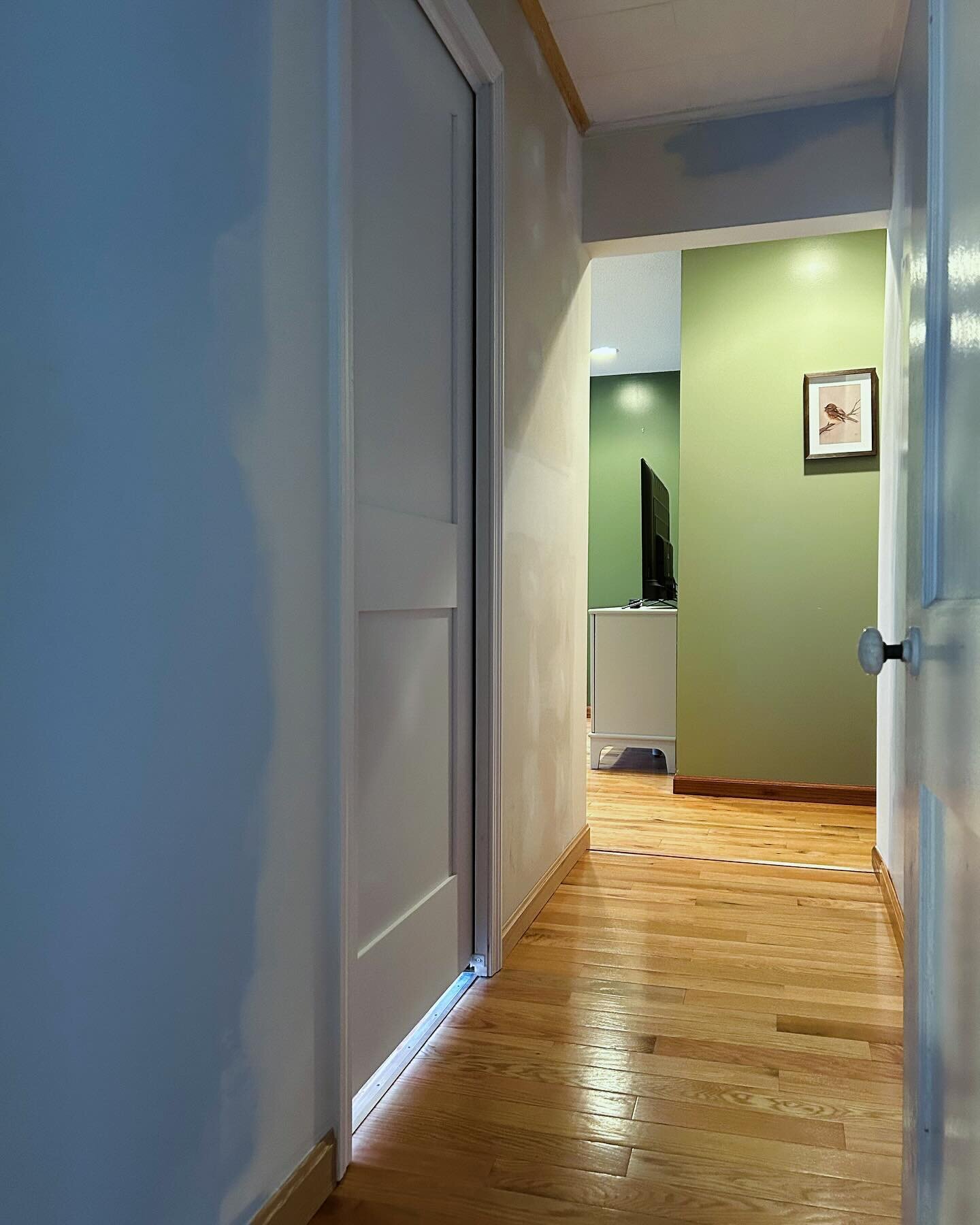 Problem Solved ✅ This customer&rsquo;s house was laid out in a way that didn&rsquo;t quite make sense. You had to go through the bathroom to access the living room. We added a wall &amp; pocket door to the bathroom creating a new hallway, tied in new