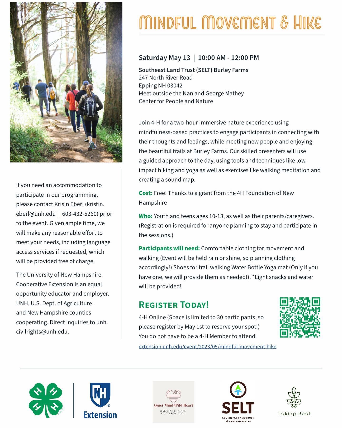 Excited to partner up again with UNH Health and Wellness Extension and 4-H for a Mindful Movement and Hike! 🥾 

This is a two-hour immersive nature experience using mindfulness-based practices to engage participants in connecting with their thoughts