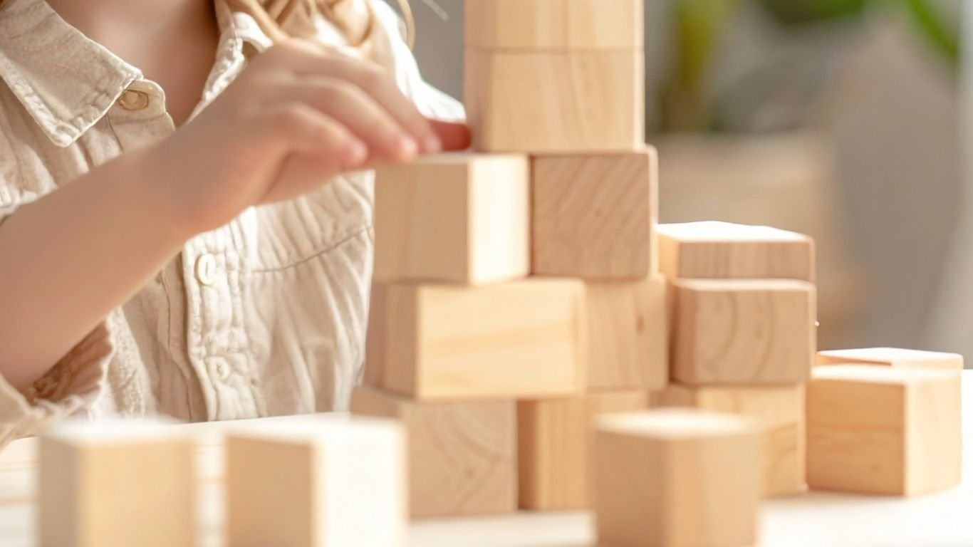 Child stacking wooden blocks.