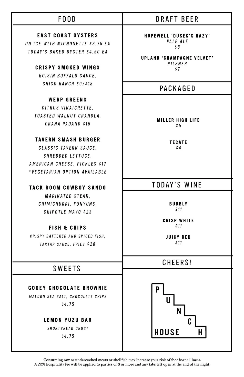 Food Menu at Punch House — Punch House