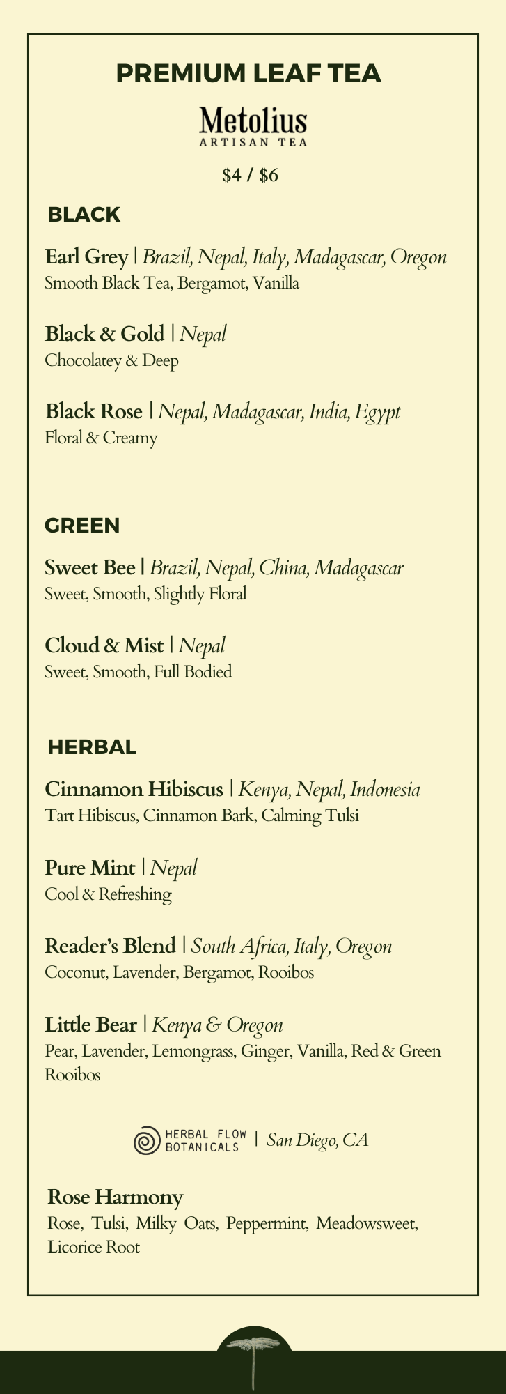 Menu featuring various premium leaf teas categorized into black, green, and herbal options with descriptions of their origins and flavors, including Earl Grey, Black & Gold, Black Rose, Sweet Bee, Cloud & Mist, Cinnamon Hibiscus, Pure Mint, Reader’s Blend, Little Bear, Rose Harmony, and a logo for Herbal Flow Botanicals in San Diego, CA.