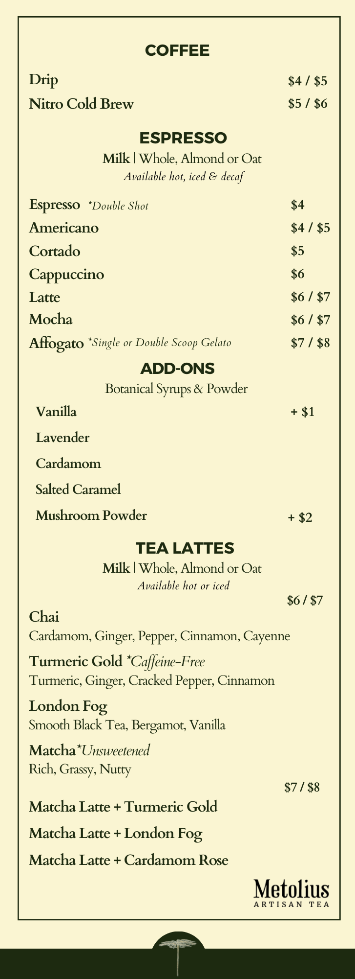 Menu featuring coffee, espresso, and tea options with add-ons and prices.
