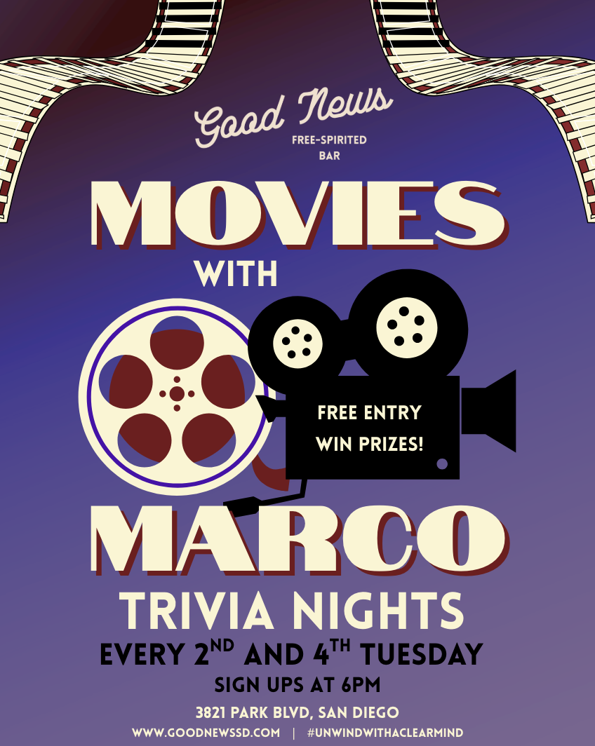 A poster advertising a movie trivia night event at Good News Free-Spirited Bar featuring Movies with Marco, held every 2nd and 4th Tuesday from 6 to 9 PM. The poster includes illustrations of a person sitting on a director's chair with a megaphone and a vintage film camera.