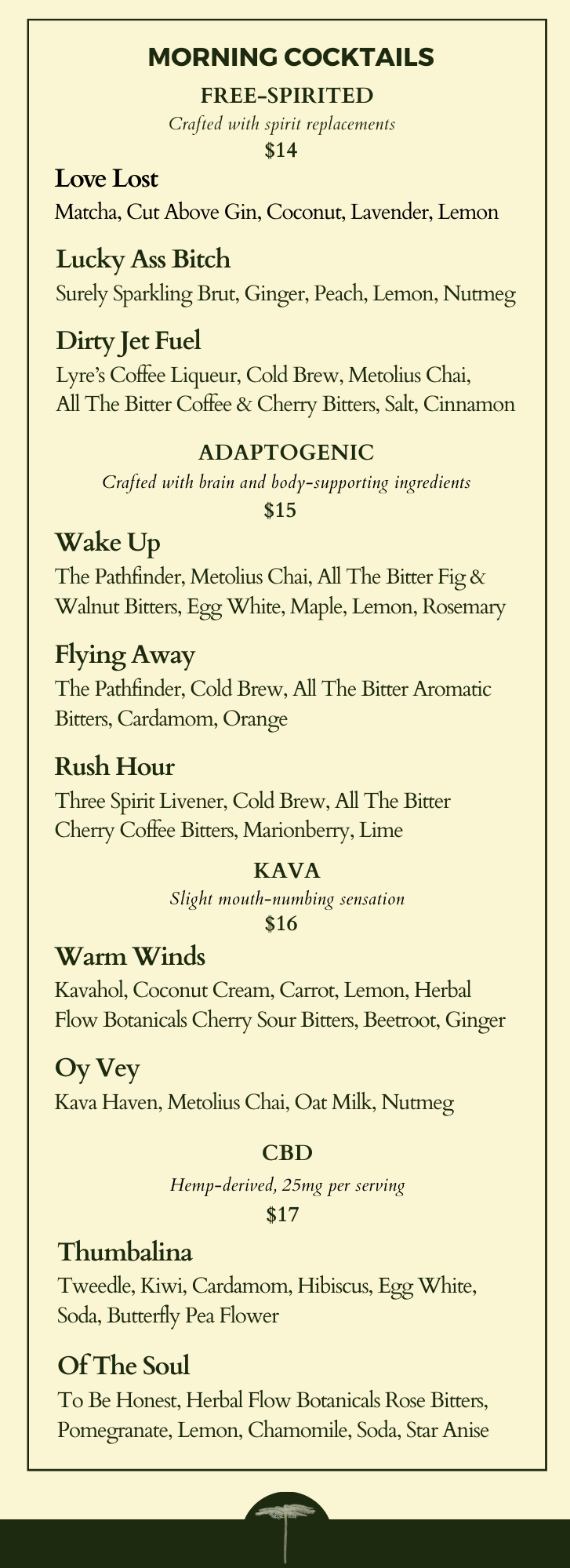Menu of morning cocktails featuring categories 'Free-Spirited', 'Adaptogenic', 'Kava', and CBD options with ingredients and prices.