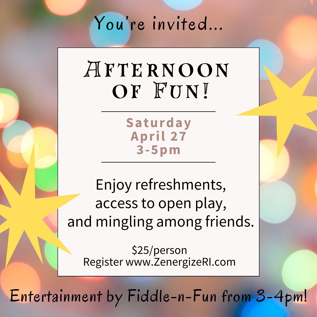 In honor of Zenergize&rsquo;s one year in business, join us for an Afternoon of Fun! ✨ Enjoy refreshments, access to open play, mingling among friends, and entertainment featuring Fiddle N&rsquo; Fun!