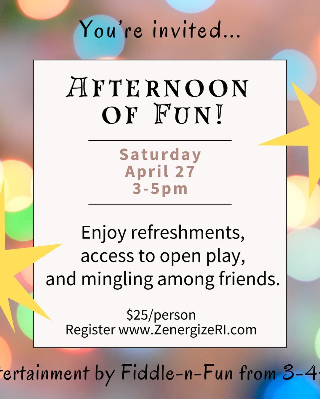 Looking for a #kid friendly #saturday afternoon activity? Join us for an Afternoon of Fun! 🤩 Saturday, April 27 at 3pm❗️
Tickets are $25/person and include refreshments #openplay pass, music &amp; #entertainment featuring Fiddle N&rsquo; Fun!
It&rsq