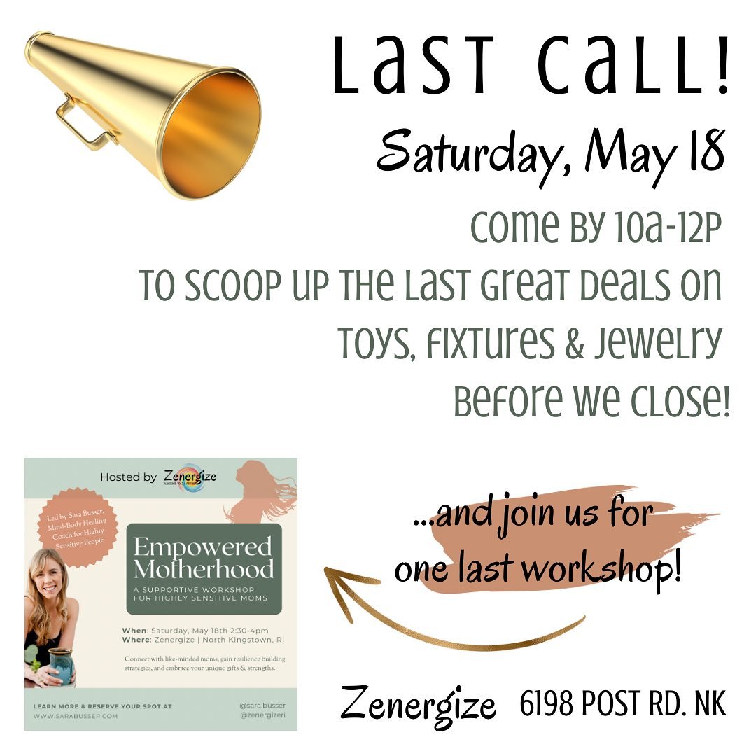 Drop by Saturday, May 18 from 10a-12p to pick up a toy, fixture or some jewelry at great discounts!! Stuff is going fast! And sign up for an awesome workshop by @sara.busser for HSP mamas! ✨