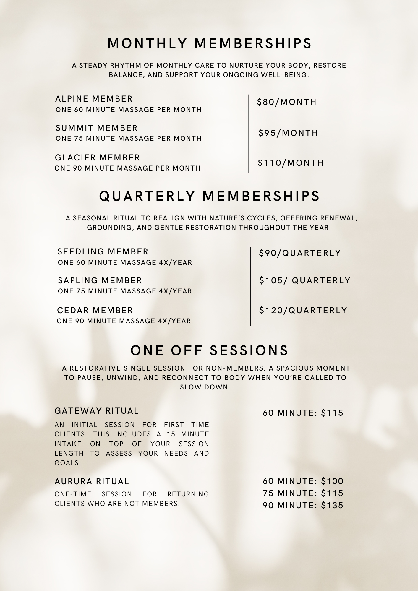 Membership pricing and session options for a wellness or massage business, including monthly, quarterly, and one-off sessions.