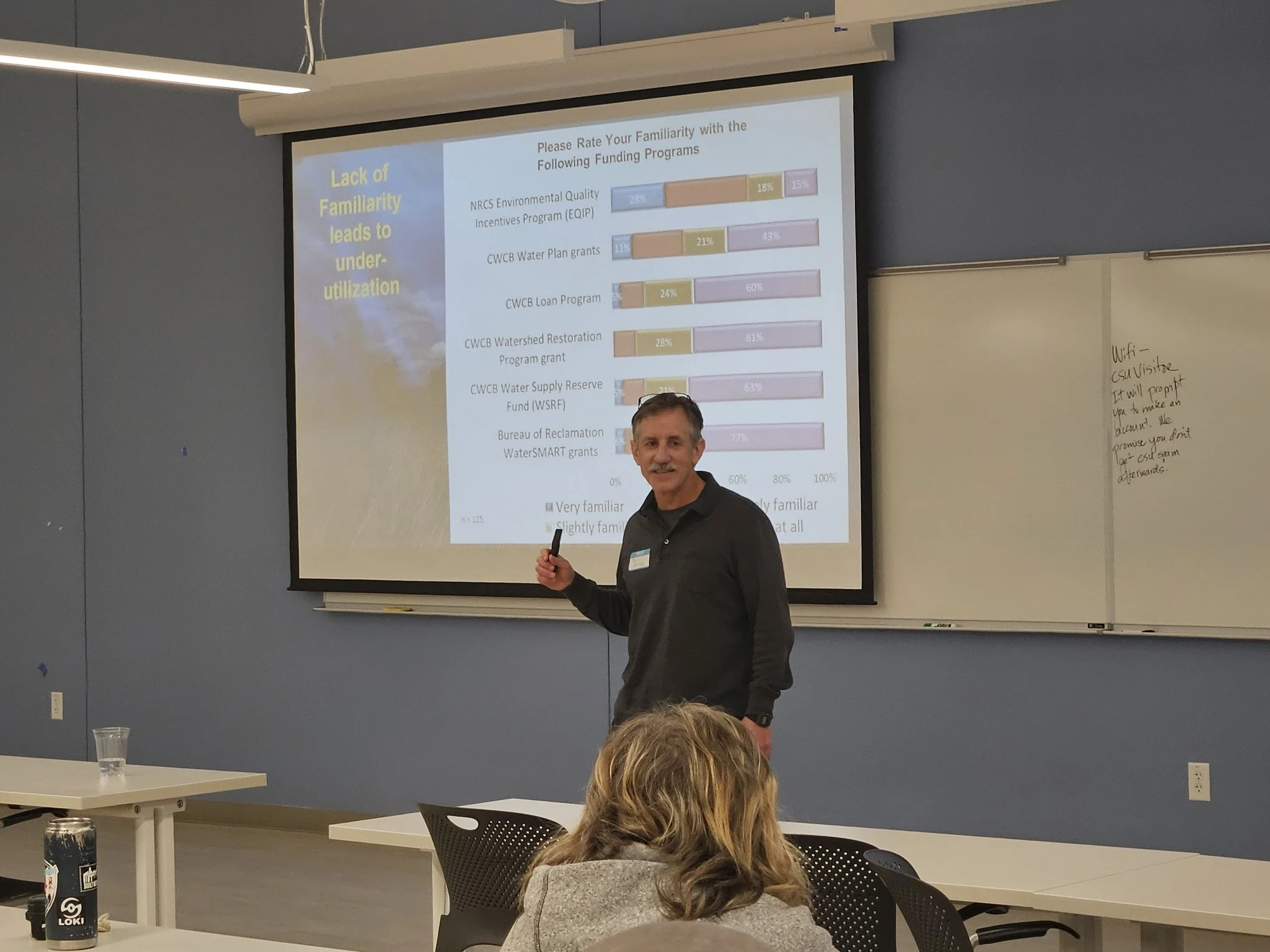 A man in a gray shirt is speaking to a crowd. There is a data graphic on the screen behind him