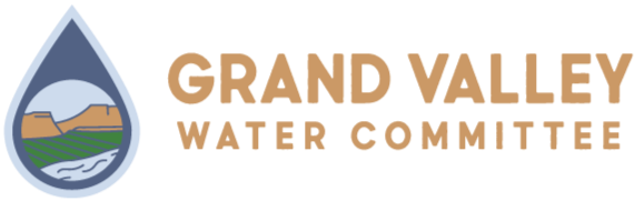 Grand Valley Water Committee Logo with drop of water and inside is a river field and mountain clip art