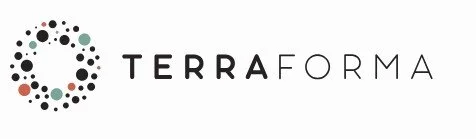Logo saying TERRAFORMA, on the left is a design of pink, blue, and brown dots making the shape of a circle.