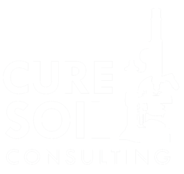 Words and design in all white. Words read " CURE SOIL CONSULTING" with a microscope