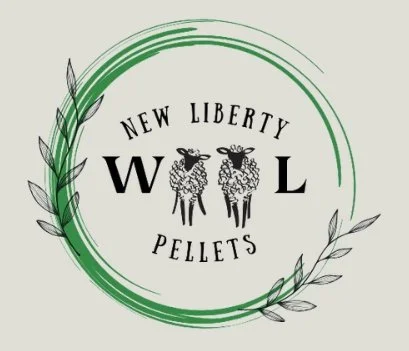 Logo saying "New Libert Wool Pellets" with a green circle with black leaves drawn around the words and a picture of two sheep in the center.