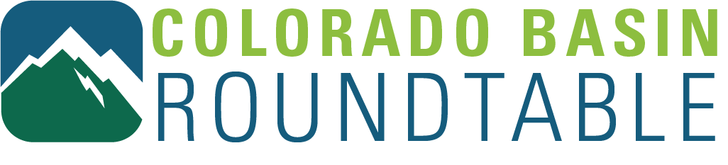 A logo for the Colorado Basin Roundtable. There is a square with rounded corners with a dark green mountain and dark blue sky. The letters are light green and dark blue