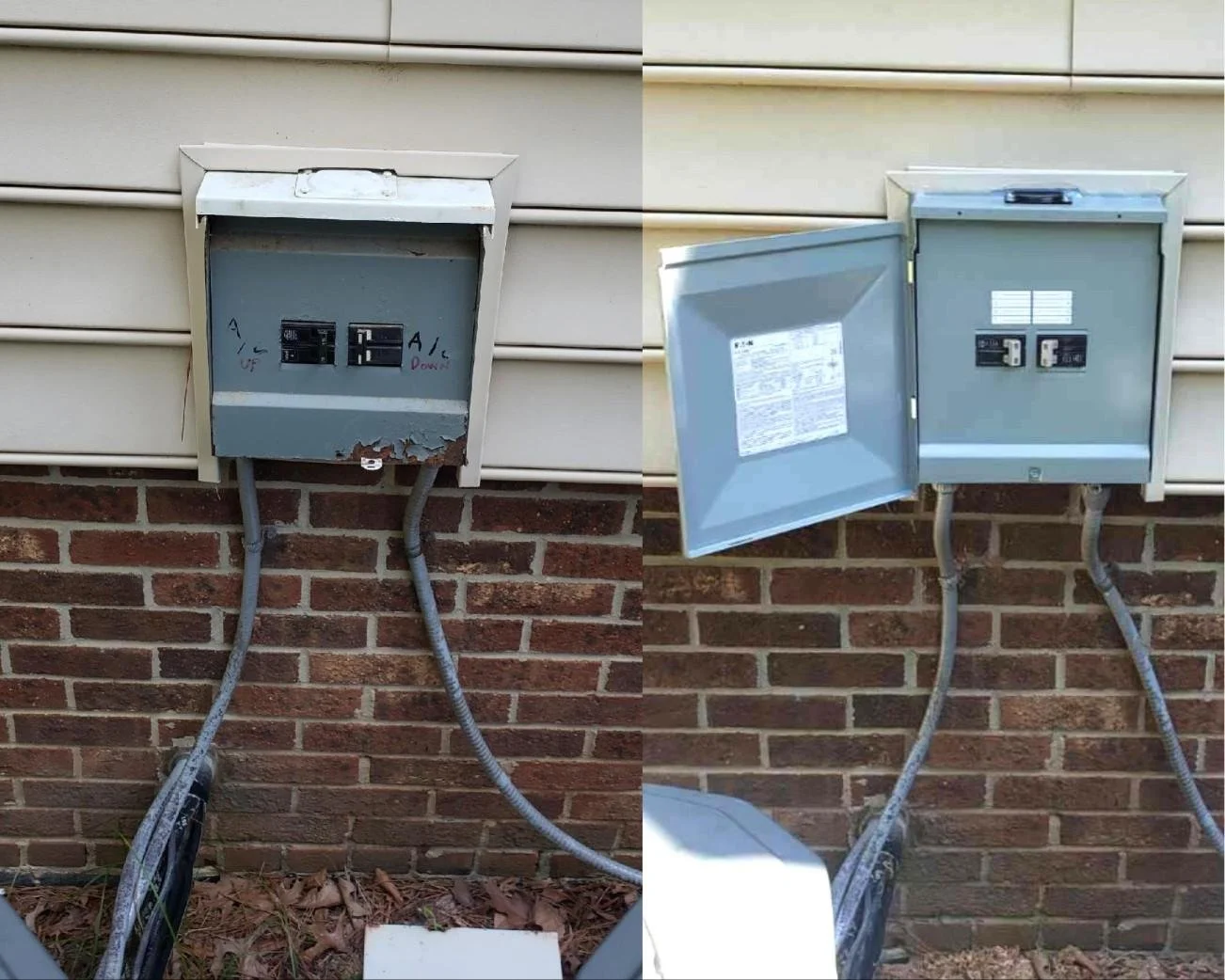 Comparison of two electrical breaker boxes mounted on a brick wall, with the left box being old and rusty, and the right box being new and clean, both with wiring connected underneath.