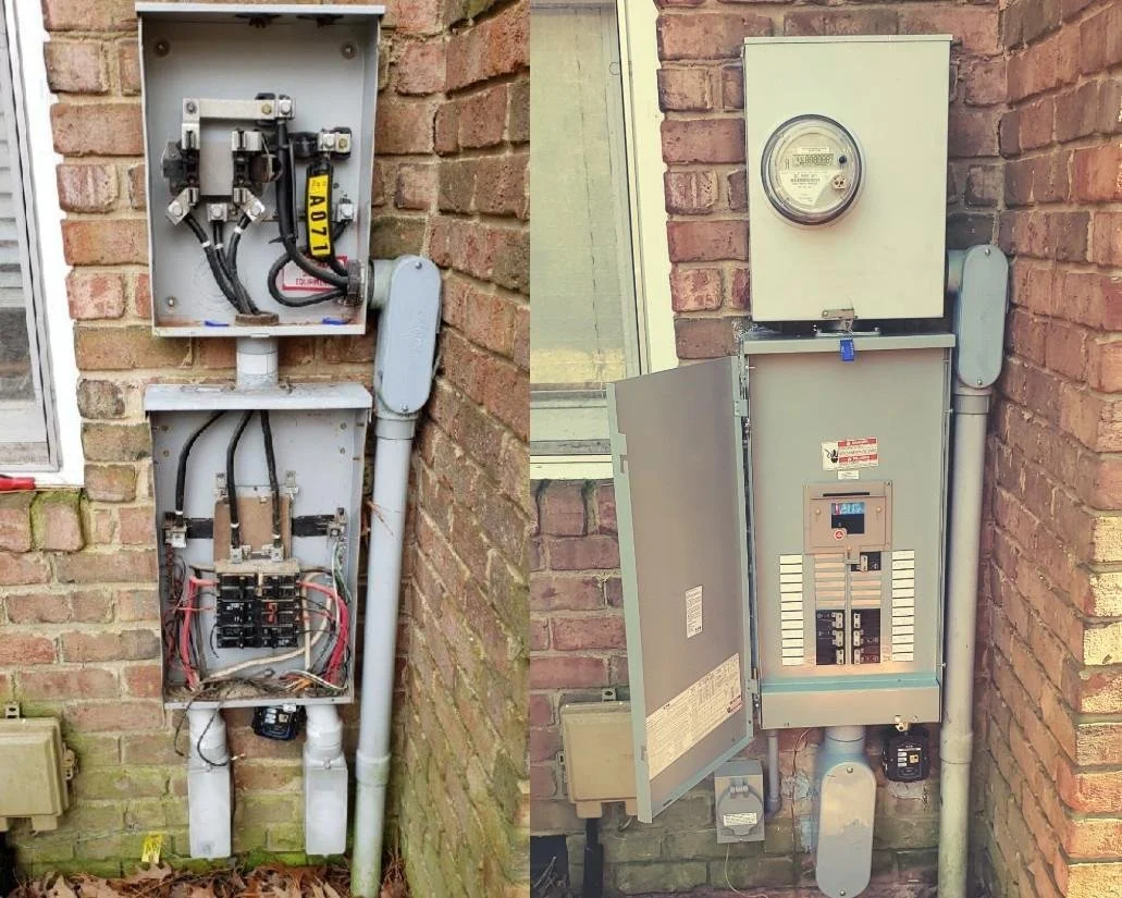 Side-by-side photos of electrical panels on a brick wall, one with the cover removed showing wiring and components, and the other with the cover closed and a digital display visible.