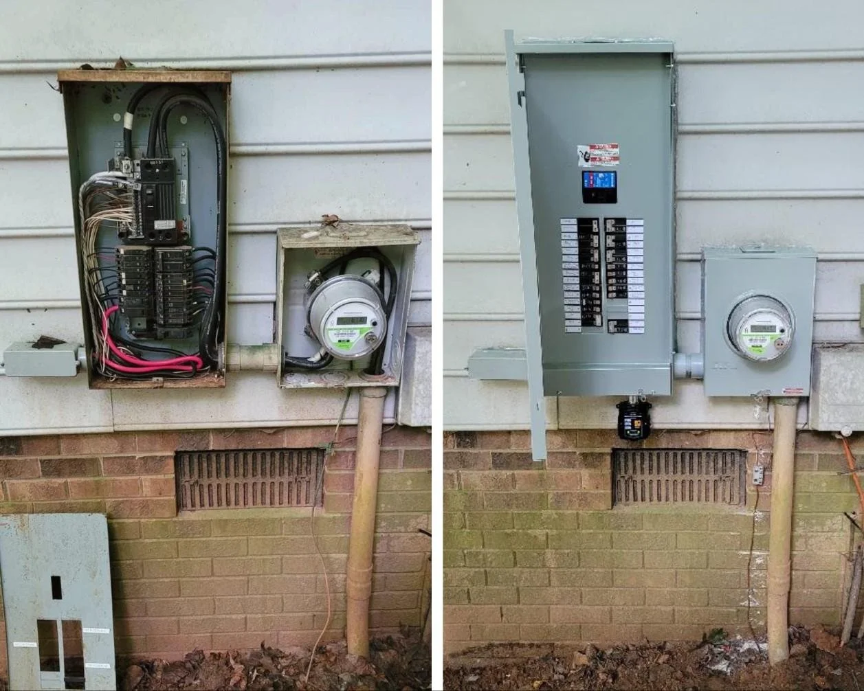 Comparison of two electrical meter boxes mounted on a house exterior wall, with the left box showing exposed wiring and the right box with a newer, closed metal cover.