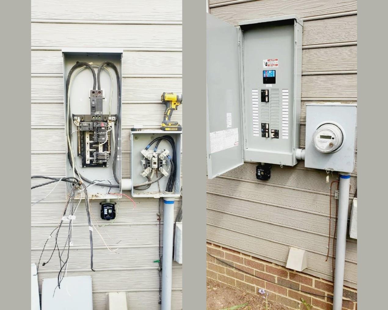 Comparison of two electrical meters and panels installed outside on house walls, one of which is partially disassembled and has wires hanging, the other is an intact gray electrical panel with a digital display, next to a round analog electric meter.