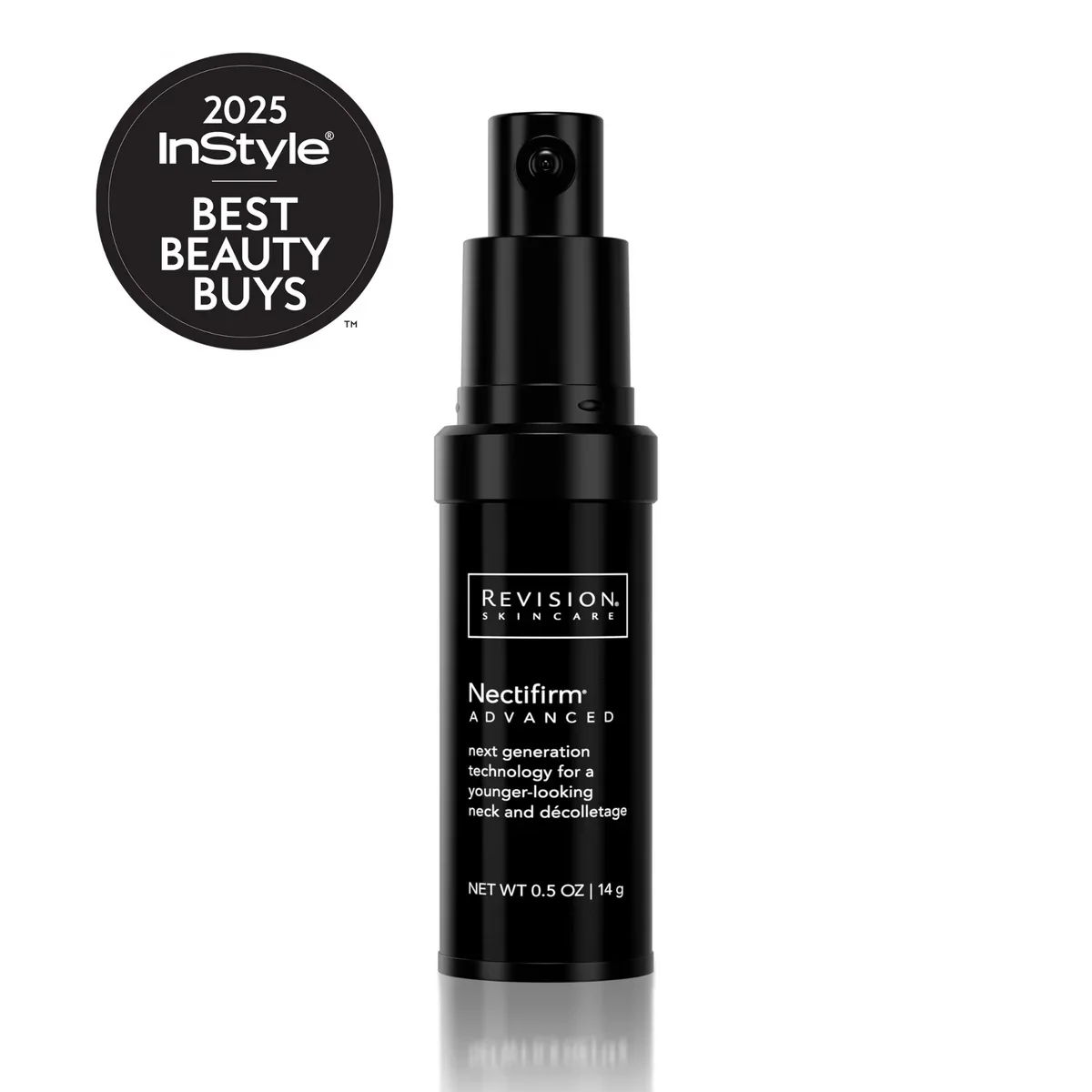 A black bottle of Revision Skincare Nectifirm Advanced with spray applicator, displayed against a white background, with a black circular badge in the top left corner indicating it was a 2025 InStyle Best Beauty Buy.