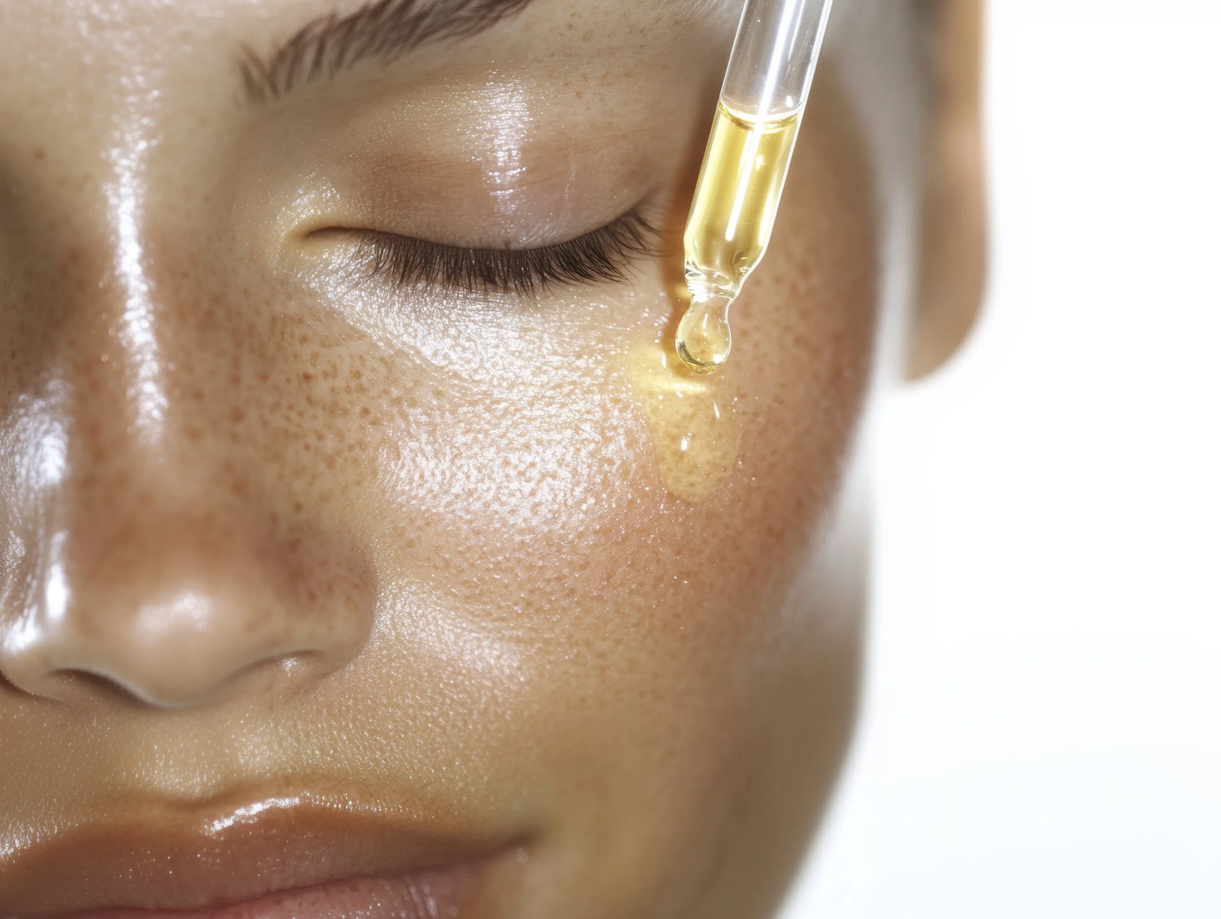 Close-up of a person's face with closed eye, showing skin texture, as a dropper applies facial serum onto cheek.