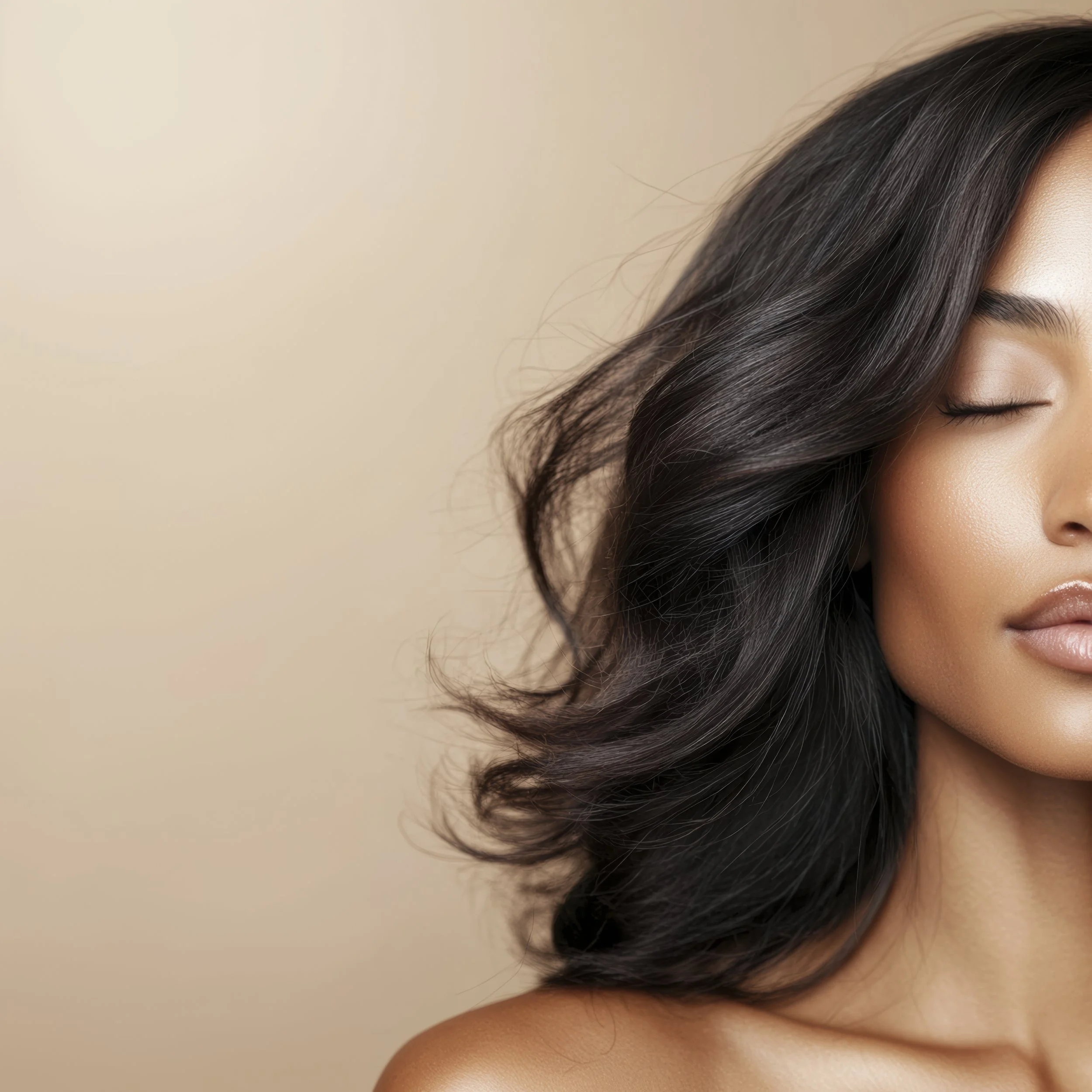 Close-up of a woman with wavy black hair, and closed eyes, smiling slightly, against a neutral background.