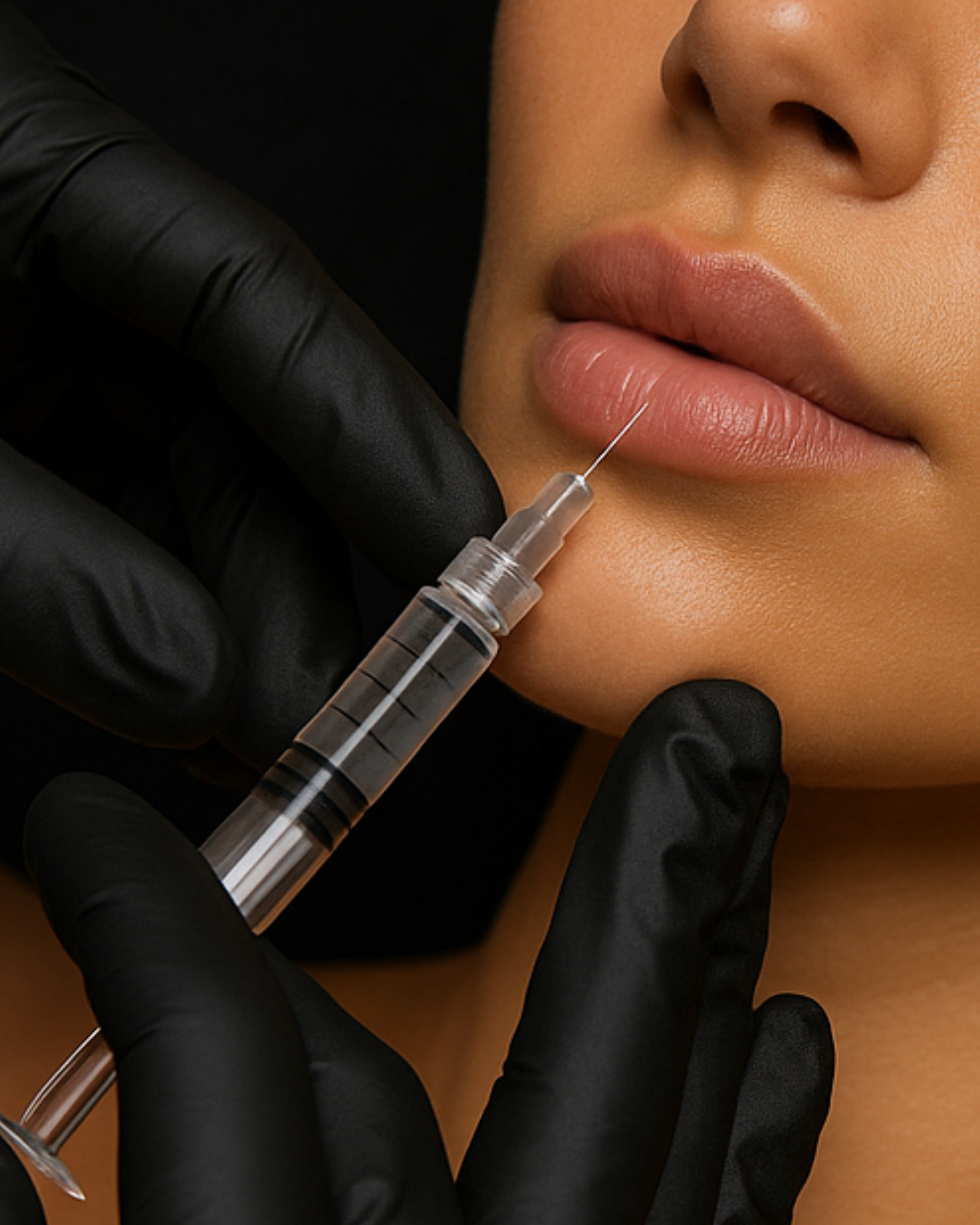 Close-up of a person receiving a lip injection with a syringe held by a professional wearing black gloves.