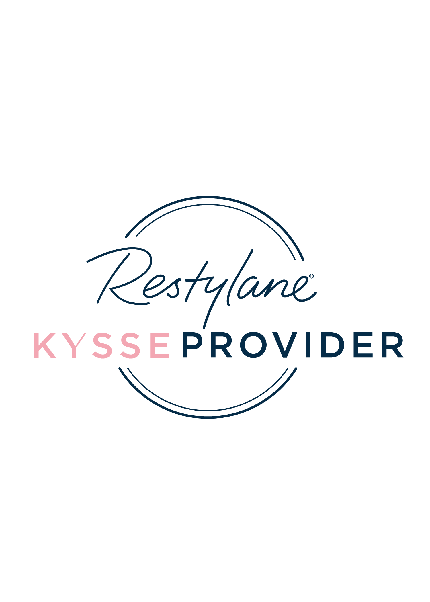 Restylane KYSSÉ Provider logo with black, pink, and blue text and circular design elements.