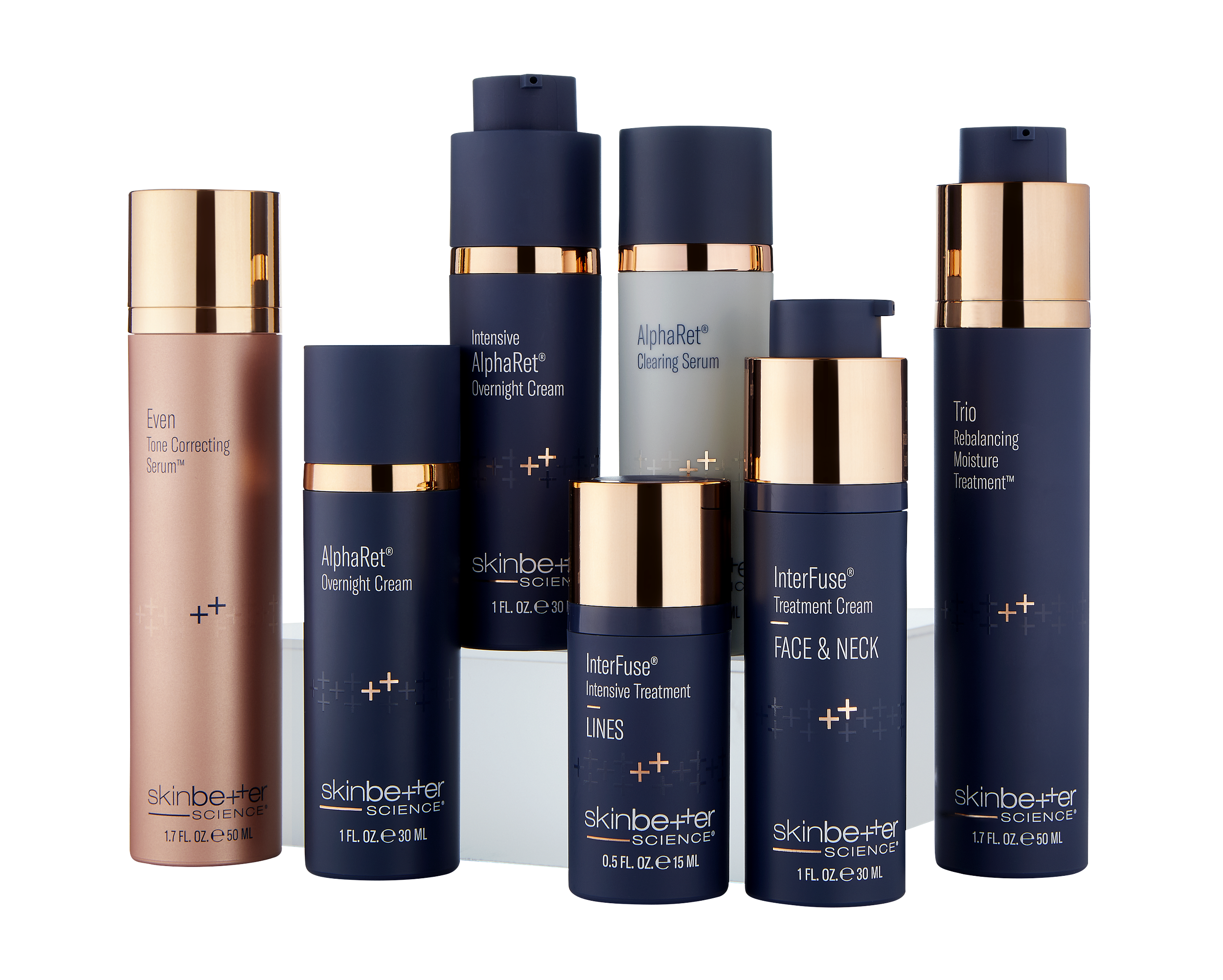 Collection of SkinCeuticals skincare bottles and jars, including serums, creams, and treatments in navy, rose gold, and light blue packaging.
