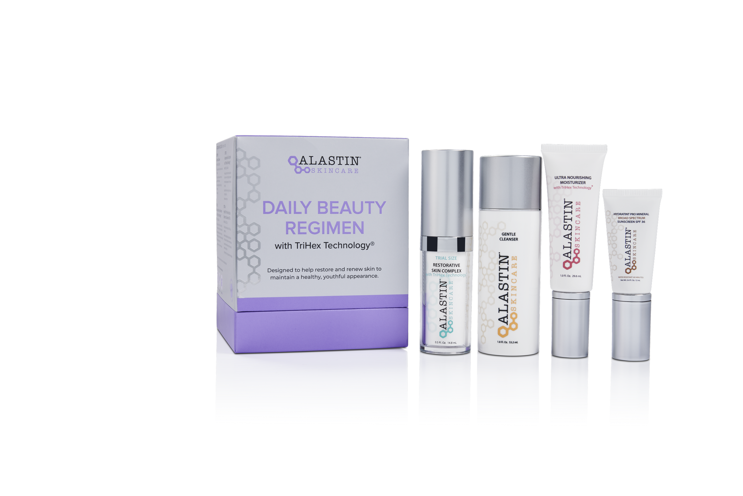 Alastin Skincare Daily Beauty Regimen kit, including a box and four skincare products with silver caps
