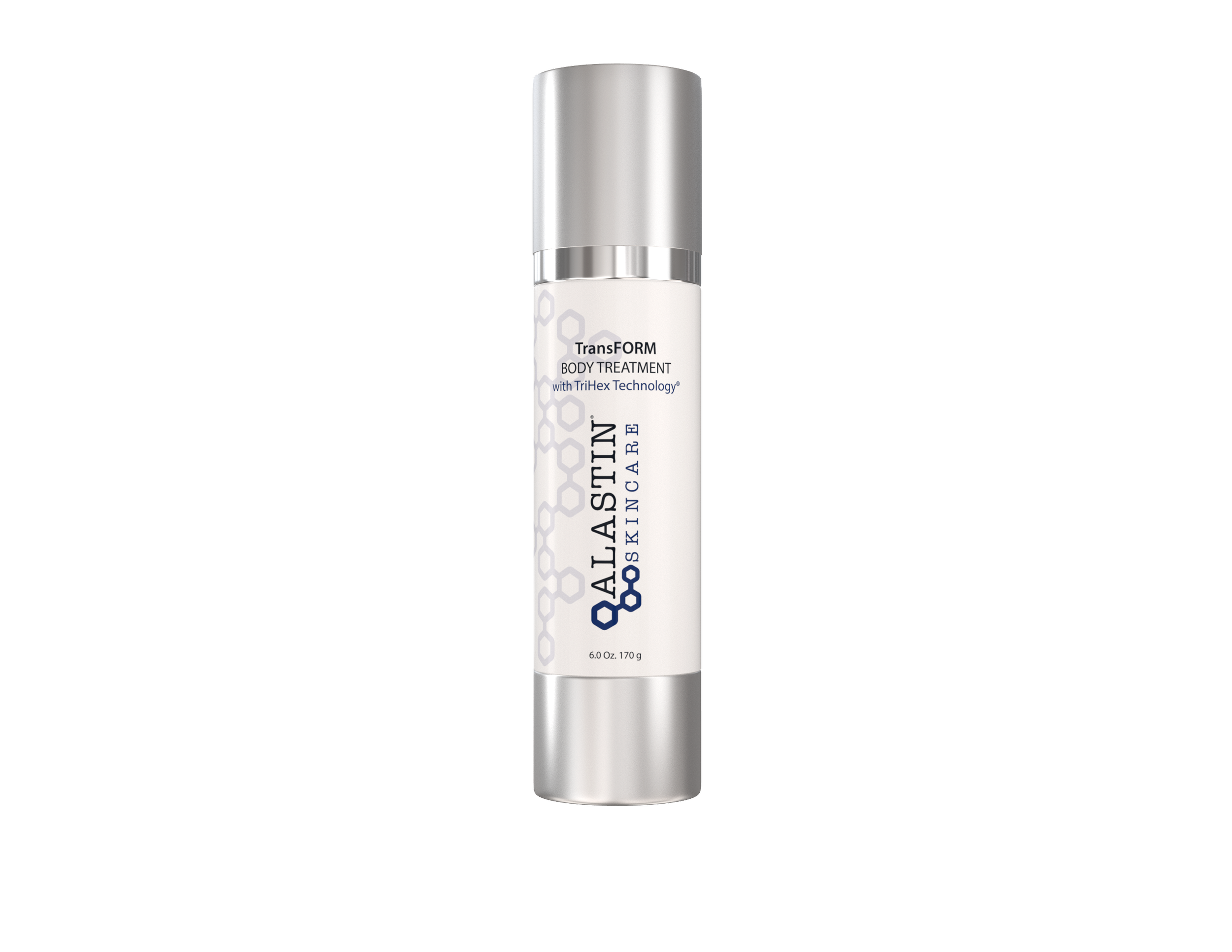 A skincare product labeled Alastin Skincare TransFORM Body Treatment with TriHex Technology in a white and silver cylindrical bottle.