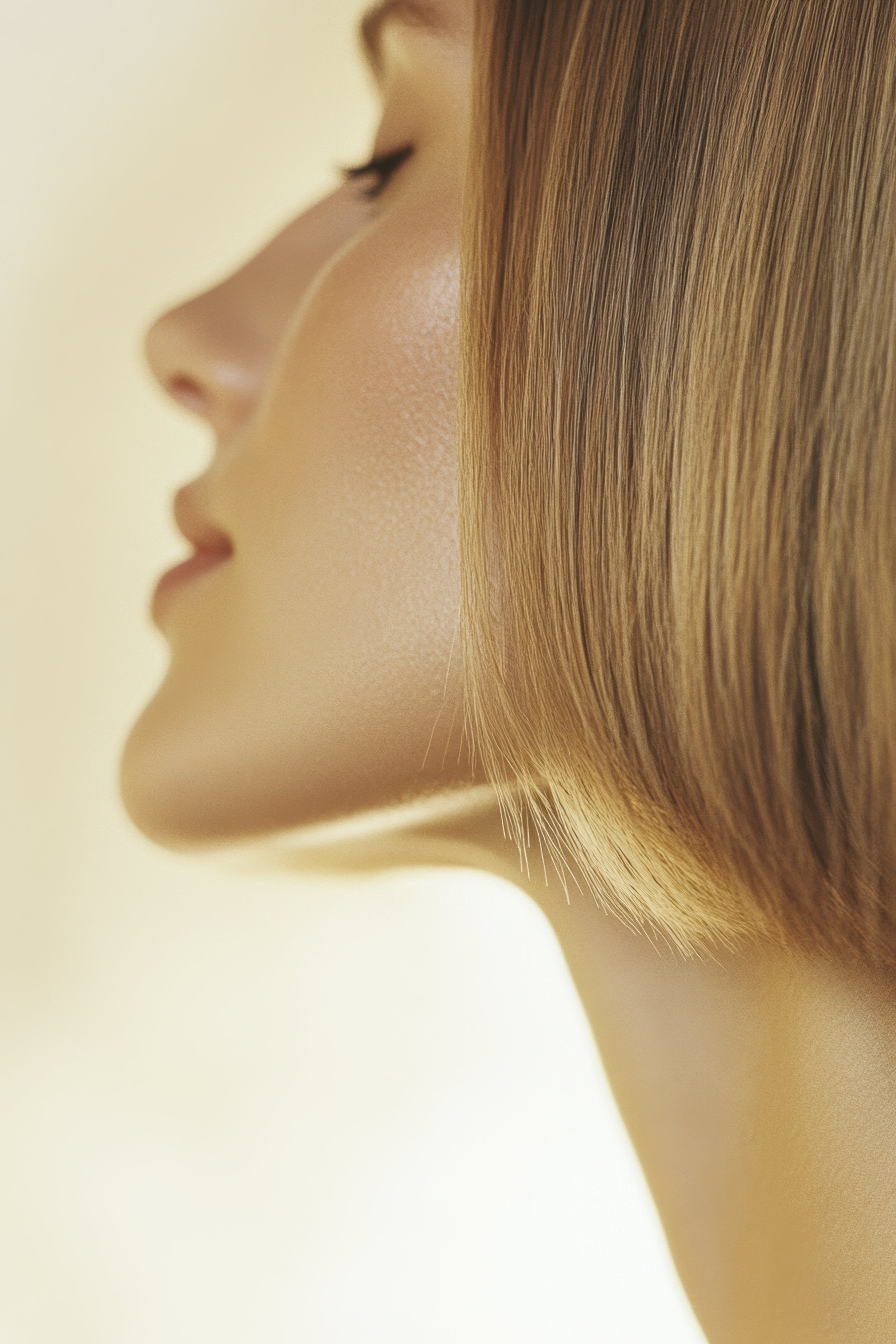 Close-up side profile of a woman with short blonde hair and smooth skin, eyes closed, serene expression, against a light yellow background.
