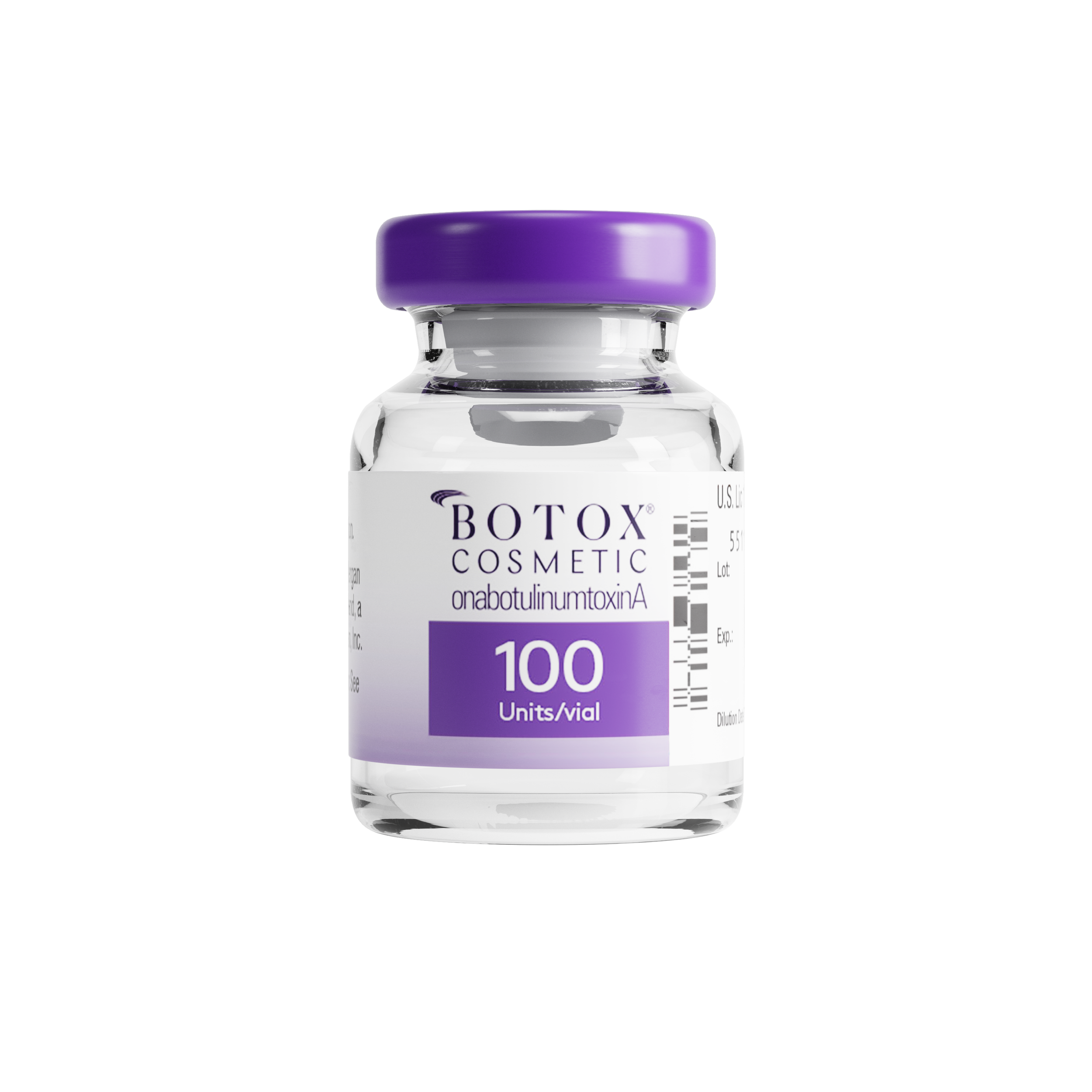 A small glass vial with a purple cap, labeled 'Botox Cosmetic' with '100 Units/vial' in bold purple, and additional detailed text.