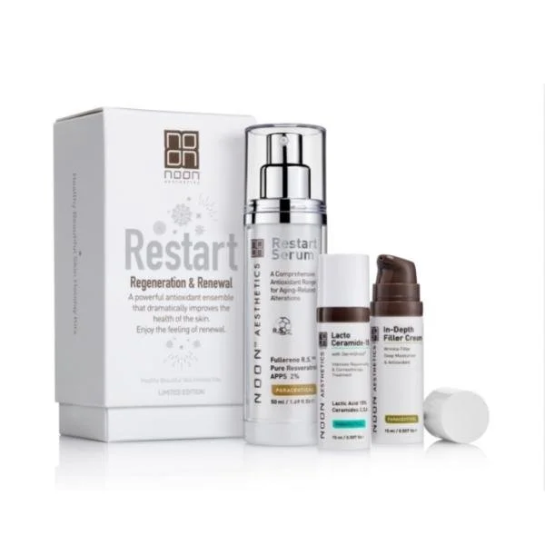 Skincare product set including a box labeled 'Restart Regeneration & Renewal', a bottle of Restart Serum, a lactobacillus ceramide moisturizer, and an in-depth filler cream with a white cap.
