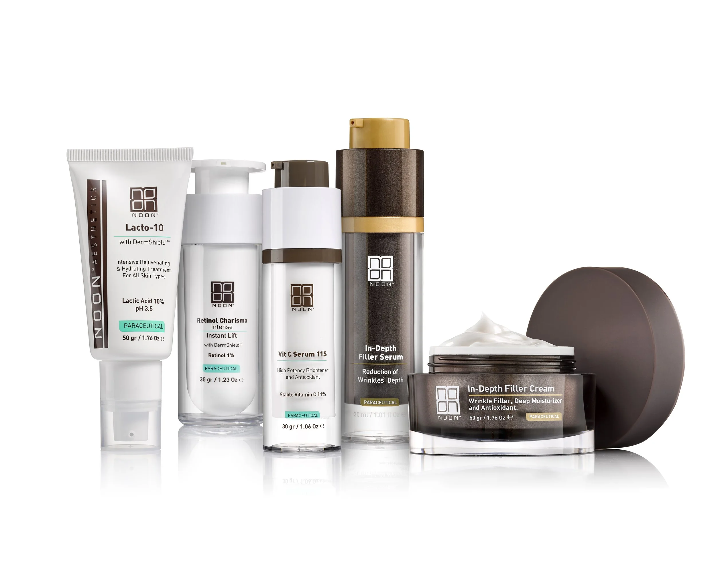 Collection of skincare products including serums, cream, and lotions with white, brown, and beige packaging.