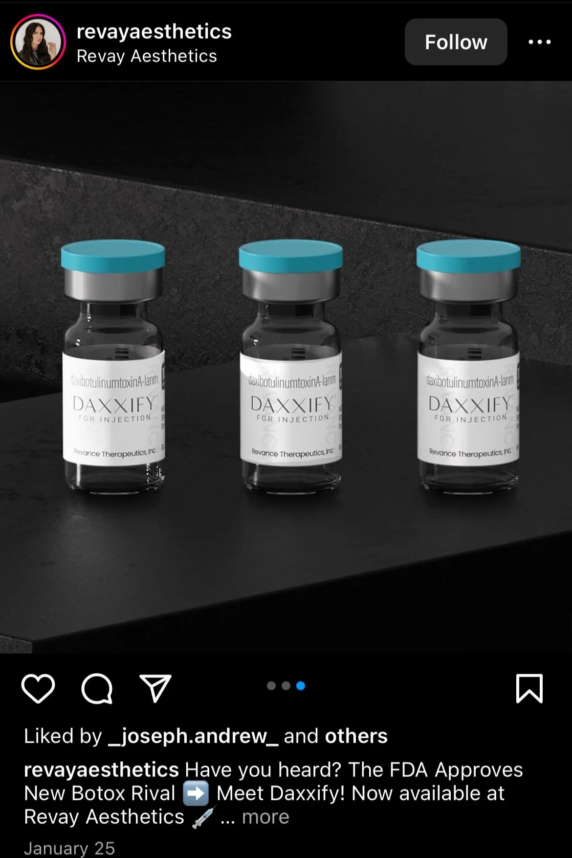Three glass vials labeled 'Daxxify for Injection' with blue caps, placed on a dark surface.